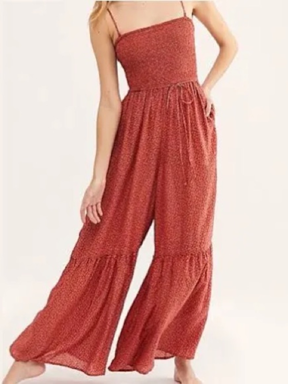 NWT - Free People Little of Your Live Rust Smocked Wide-Leg Jumpsuit